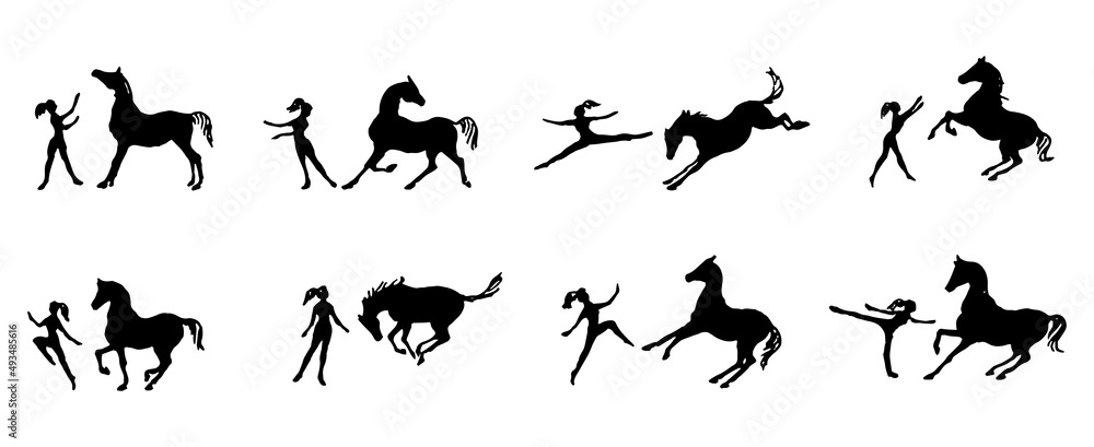 Friendly playing free horse and girl or woman. Happy horsemanship training jumping, dancing, running, rearing horse. Love enjoy friend. Hand drawn silhouette set. Line cartoon sketch vector collection