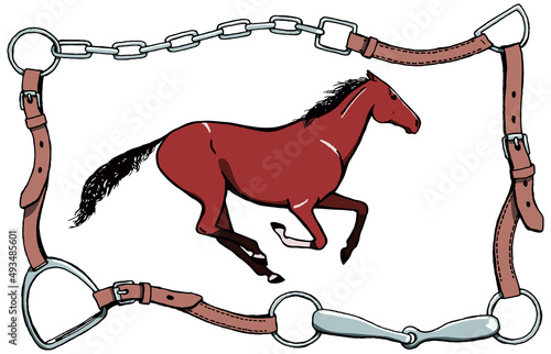 Galloping horse or bay color mustang in bridle leather belt frame. Equestrian pony style with riding gear tack bit, stirrup, buckle. Hand drawing vector cartoon vintage art