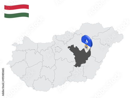 Location Jasz-Nagykun-Szolnok County on map Hungary. 3d location sign similar to the flag of  Jasz-Nagykun-Szolnok. Quality map  with  Regions of the Hungary for your design. EPS10