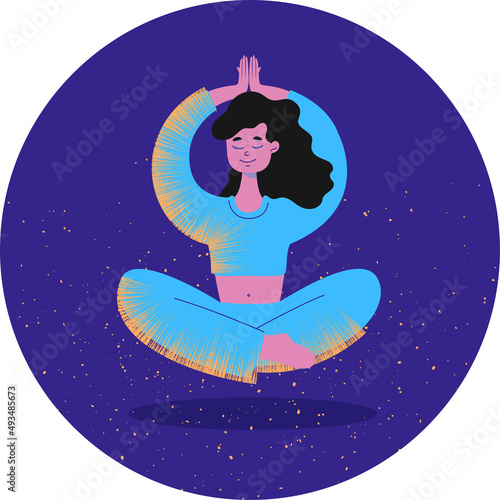 Levitation. A young woman is doing yoga and meditating. A girl in a lotus position makes an asana salutation to the sun and levitates. Person hand drawn vector Flat cartoon illustration.