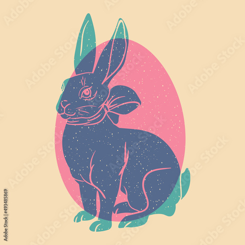 Ester bunny. Colorful cute screen printing effect. Riso print effect. Vector illustration. Graphic element  for fabric, textile, clothing, wrapping paper, wallpaper, poster.