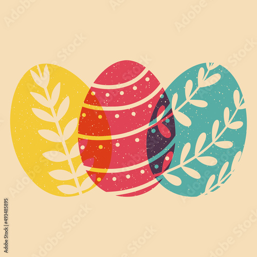 Ester eggs. Colorful cute screen printing effect. Riso print effect. Vector illustration. Graphic element  for fabric, textile, clothing, wrapping paper, wallpaper, poster.