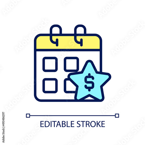 Annual bonus pixel perfect RGB color icon. Boosting employee engagement. Extra money to regular paycheck. Isolated vector illustration. Simple filled line drawing. Editable stroke. Arial font used