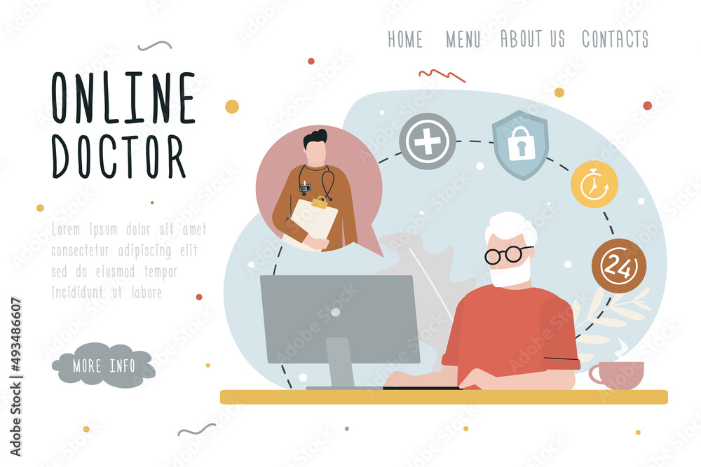 Elderly man consults with online doctor on internet. Video call with physician. Grandfather calling to specialist. Template, landing page. Medical advice Elderly man consults with online doctor on internet. Video call with physician. Grandfather calling to specialist. Template, landing page. Medical advice