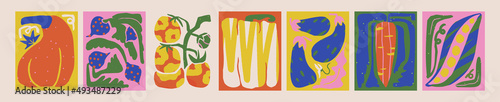 Collection of different crazy abstract vegetables. Tomato, eggplant, carrot, pepper, pumpkin, beans doodle for print, wrapping, posters and packaging design. Botanical illustration in paper cut style.