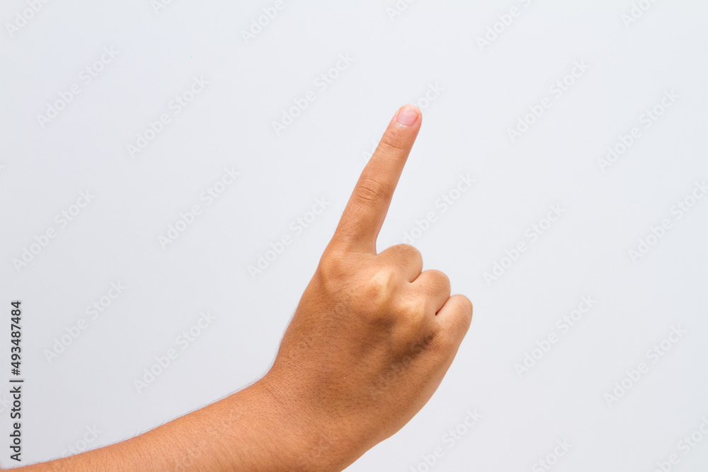 child making the sign up on a white background.