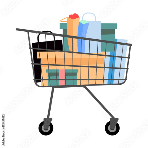 Shopping cart filled with boutique boxes semi flat color vector object. Full sized item on white. Purchasing new clothes simple cartoon style illustration for web graphic design and animation