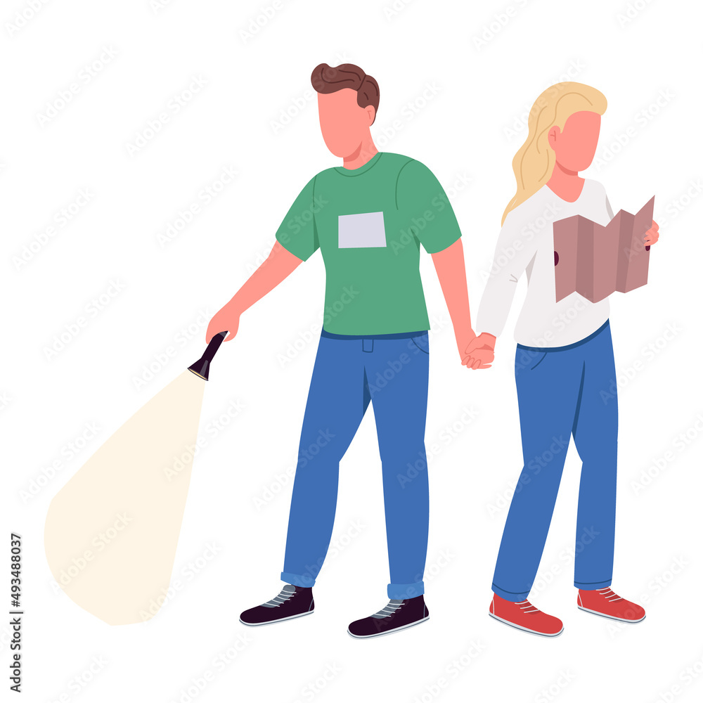 Couple participating in escape room event semi flat color vector characters. Standing figures. Full body people on white. Simple cartoon style illustration for web graphic design and animation Couple participating in escape room event semi flat color vector characters. Standing figures. Full body people on white. Simple cartoon style illustration for web graphic design and animation