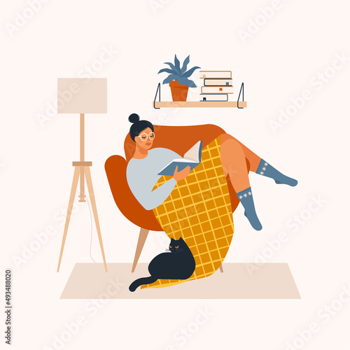 Young woman sitting on a comfortable armchair and reading a book. Spending time at home, relaxation, rest, hobby. Vector illustration isolated on white background.