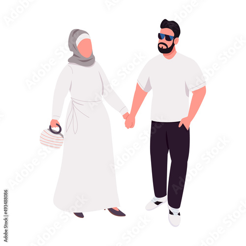 Happy couple walking and holding hands semi flat color vector characters. Posing figures. Full body people on white. Simple cartoon style illustration for web graphic design and animation