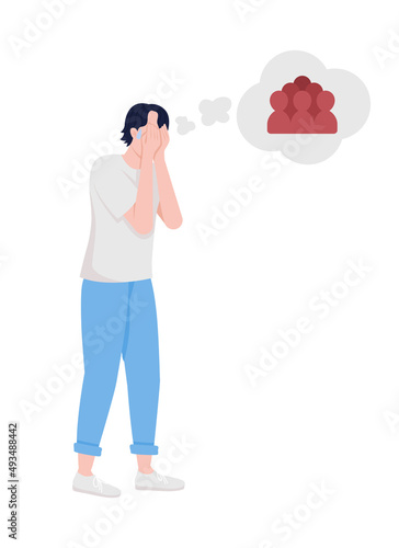 Crowded places phobia semi flat color vector character. Standing figure. Full body person on white. Scared man simple cartoon style illustration for web graphic design and animation