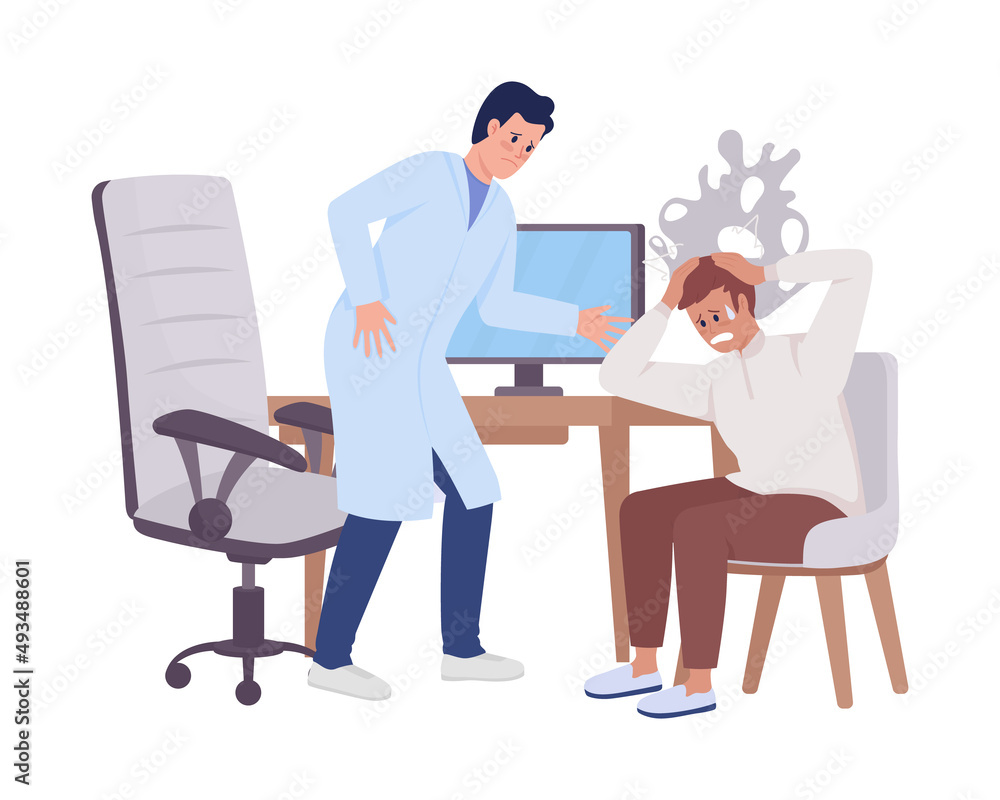 Panic attack at medical checkup semi flat color vector characters. Posing figure. Full body people on white. Worried doctor simple cartoon style illustration for web graphic design and animation