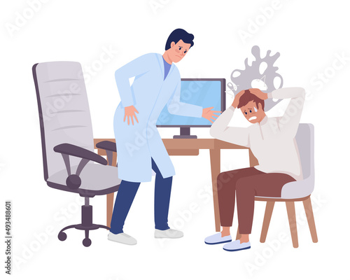 Panic attack at medical checkup semi flat color vector characters. Posing figure. Full body people on white. Worried doctor simple cartoon style illustration for web graphic design and animation