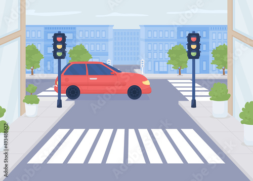 Red car crossing road flat color vector illustration. Modern urban lifestyle. Speed limit in residential area. Safe driving auto in downtown 2D simple cartoon cityscape with buildings on background