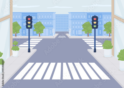 Pedestrian crossing flat color vector illustration. Modern urban lifestyle. Public area. Optimal location for pedestrians. Crosswalk 2D simple cartoon cityscape with buildings on background