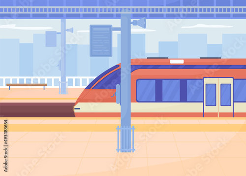 Railroad station platform flat color vector illustration. Modern urban lifestyle. Public area. Rail trip. Going on vacation. Weekend travel 2D simple cartoon cityscape with buildings on background