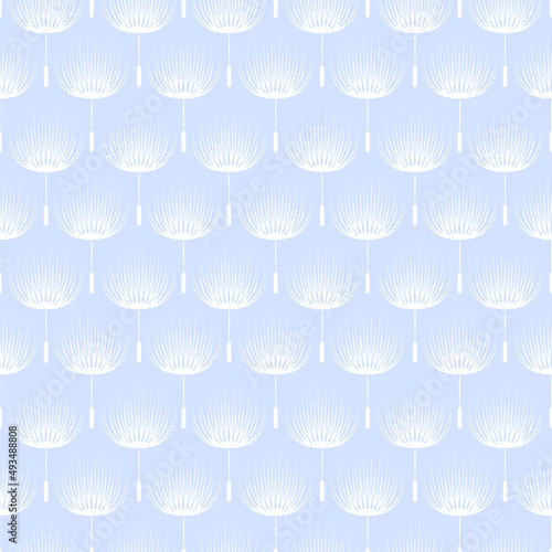 Seamless repeating pattern. Floral, white dandelion fluff on light blue background. Stylized.