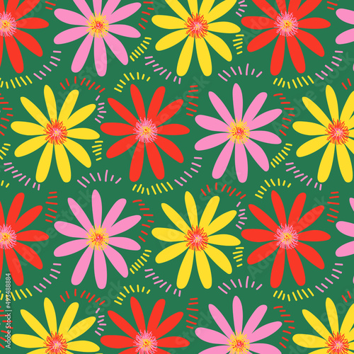 Bright floral pattern. Texture in doodle style. Pink, orange, green and yellow. Print for printing and decoration.