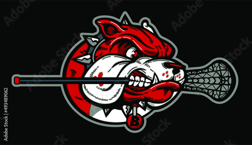 angry bulldog mascot biting a lacrosse stick for school, college or league