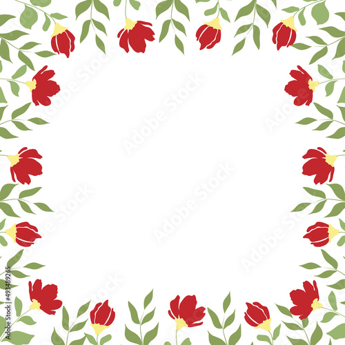 Red Flowers and Leaves Frame, Border, Vector Illustration, Easter Object, Mother's Day