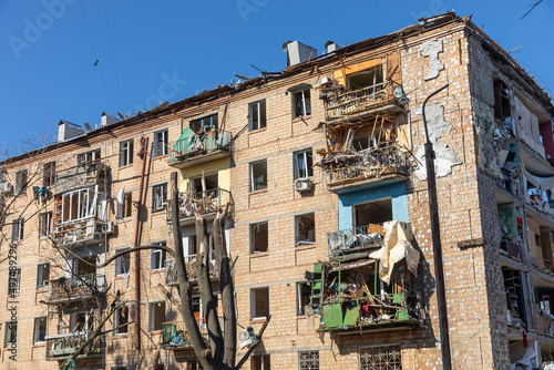Damaged residential buildings in the aftermath of shelling in Kyiv