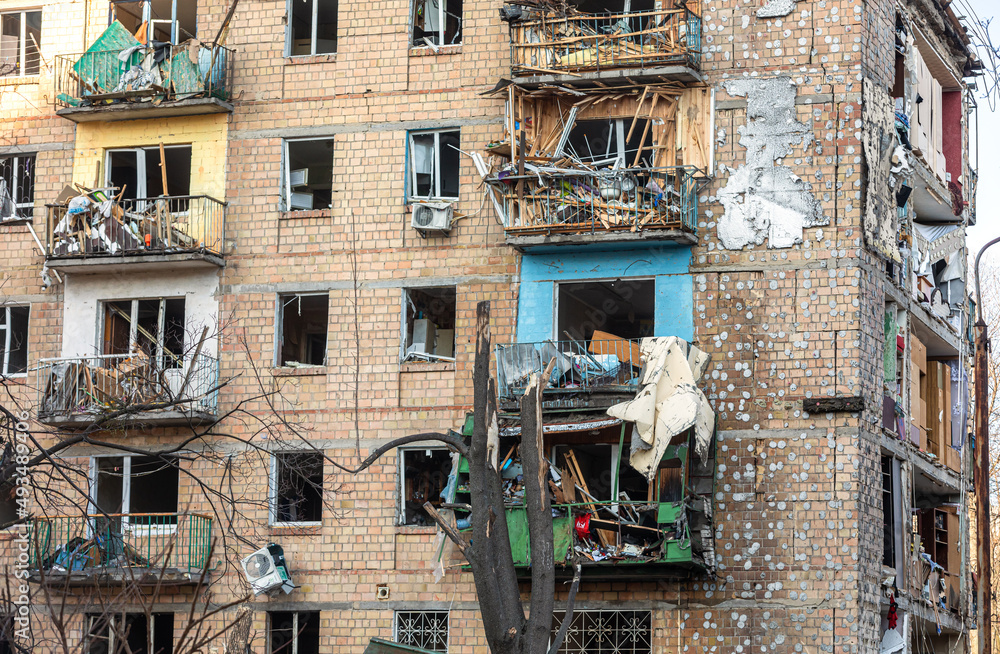 Damaged residential buildings in the aftermath of  shelling in Kyiv