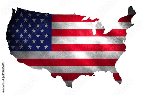 The outline of United States of America in the national colors on a grunge background