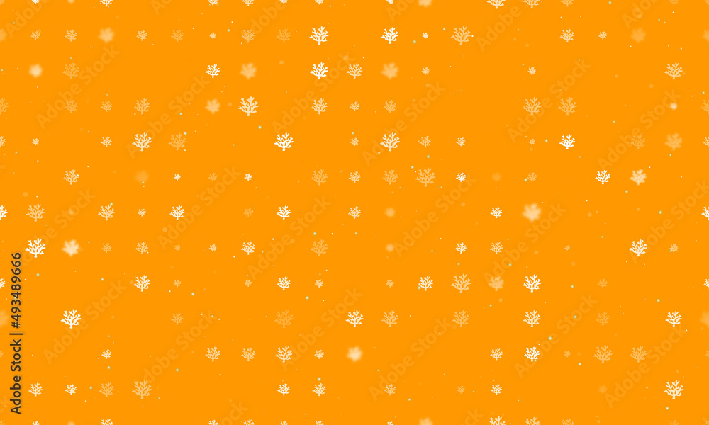 Seamless background pattern of evenly spaced white coral symbols of different sizes and opacity. Vector illustration on orange background with stars