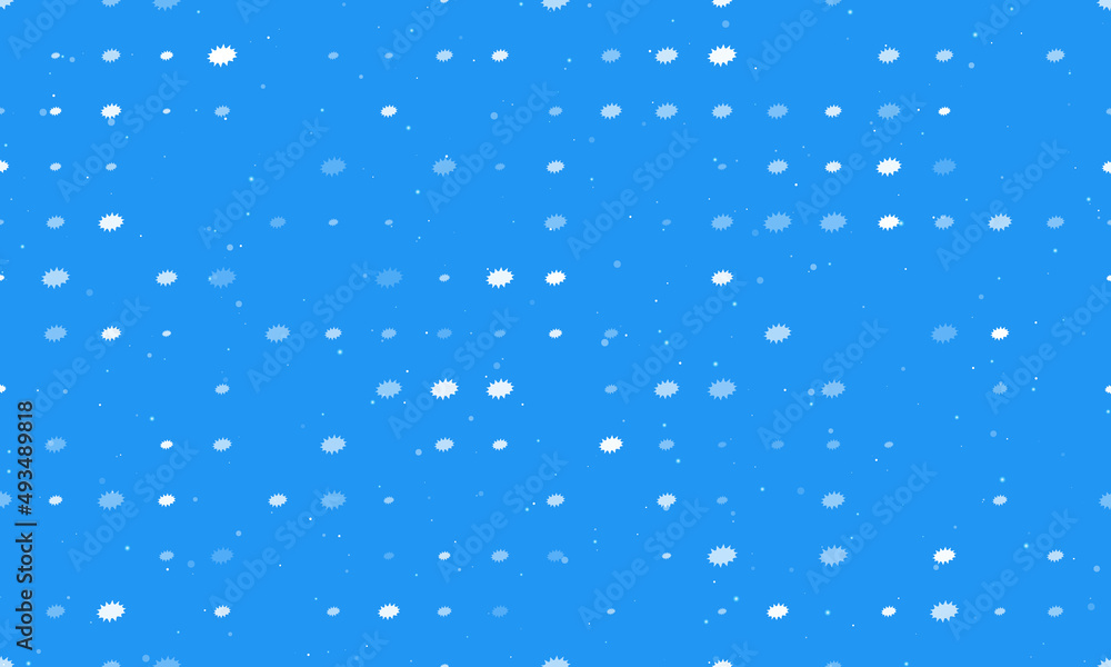 Seamless background pattern of evenly spaced white explosion symbols of different sizes and opacity. Vector illustration on blue background with stars Seamless background pattern of evenly spaced white explosion symbols of different sizes and opacity. Vector illustration on blue background with stars