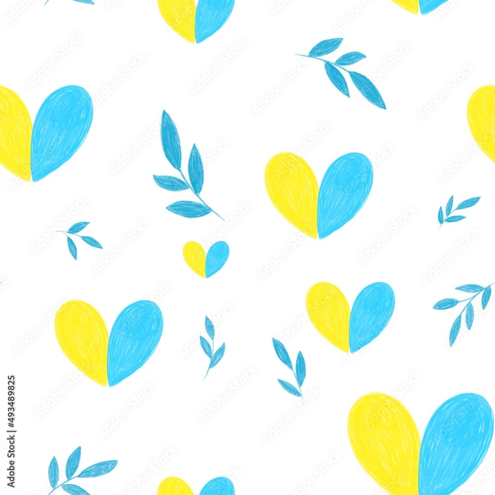 Seamless pattern with Ukrainian symbols. Seamless pattern with yellow and blue hearts. Print for textiles, postcards, clothes.
