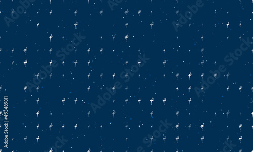 Seamless background pattern of evenly spaced white flamingos symbols of different sizes and opacity. Vector illustration on dark blue background with stars