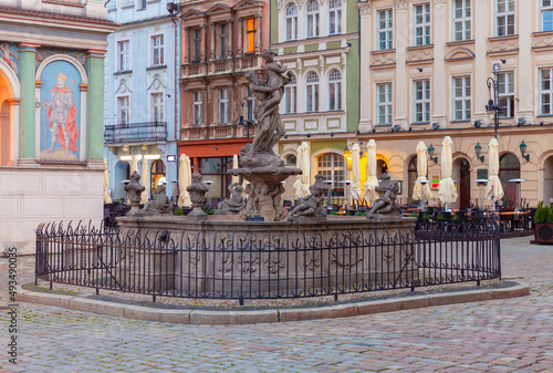 Poznan. Old Town Square with famous medieval houses at sunrise.