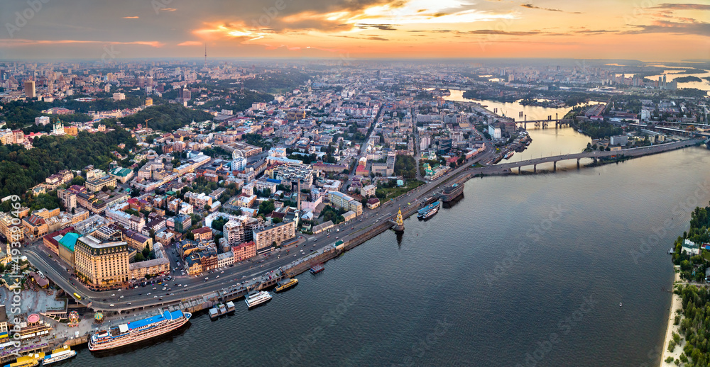Aerial view of Podil, a historic neighborhood of Kyiv, the capital of Ukraine, before the war with Russia
