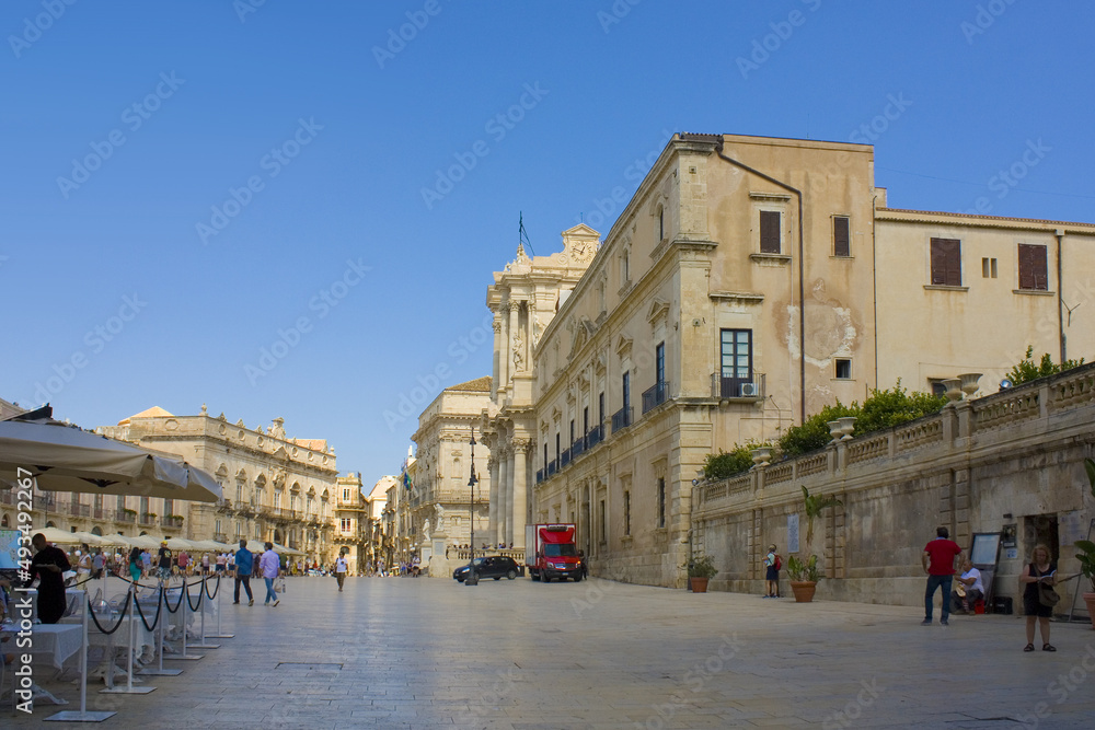 Duomo Piazza in sunny day in Syracuse, Sicily, 