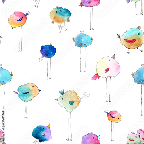 Colourful watercolor hand drawn pattern with unusual birds with long legs