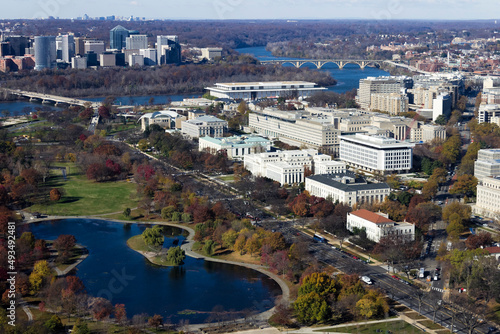 Aerial view overlooking the Foggy Bottom and Constitution Gardens, Washington DC
