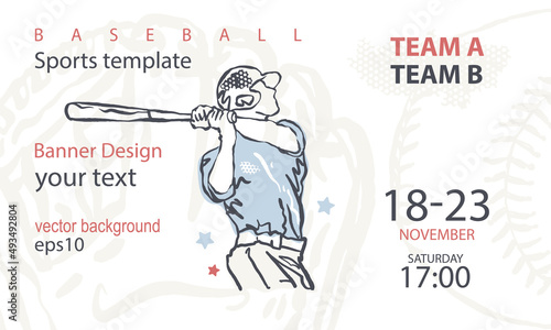 Baseball banner design. Sports template on a white background. Hand drawing, baseball player sketch.