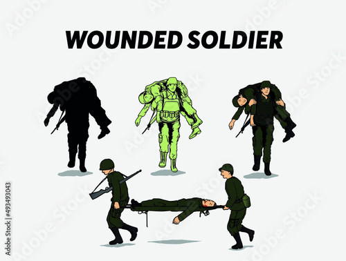 Military soldiers rescuing wounded teammate on battlefield. Vector illustration showing combat casualty evacuation, army teamwork and emergency rescue during war.