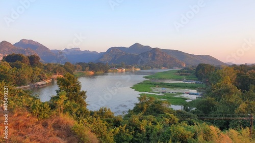 The beautiful scenic Kwai Noi river or Saiyok river in Kanchanaburi Province of Thailand in the evening. © วรรณรัตน์ แสงสุรีย์ว
