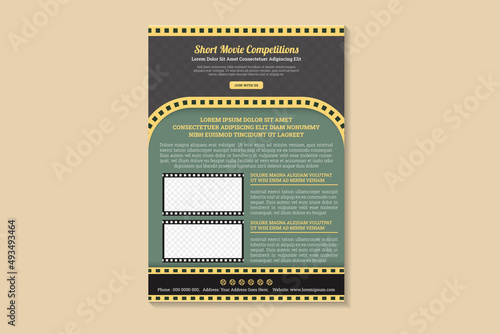 Flyer design of short movie competitions template use vertical layout. place a photo collage and text. yellow, black and green pastel colors combination. Paper cut style.