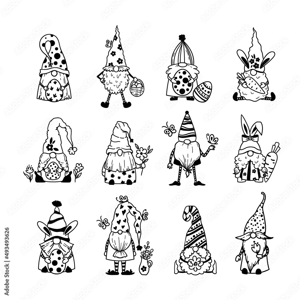 Funny Easter garden gnomes isolated clip arts bundle, Cute dwarfs with Easter eggs and flowers, Easter kids characters, vector