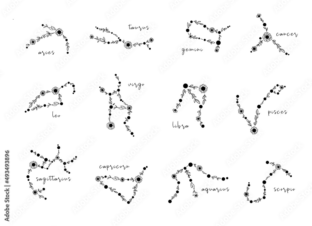 Fototapeta premium Zodiac hand drawn constellations isolated cliparts bundle, unique astrology sings illustration, esoteric mystical horoscope in black color, Libra Gemini Taurus Cancer Aries Leo Pisces