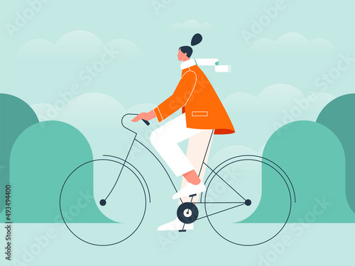 Woman riding a bicycle. Young girl on a bike outdoors on the nature background. Active healthy lifestyle, leisure activity, cycling. Modern flat vector illustration