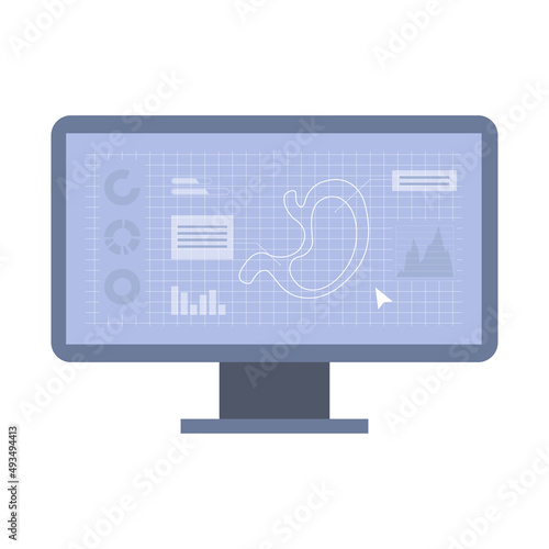 3D model of stomach on computer screen for bioprinting. Medical program, diagnostics, research. Organ transplantation concept