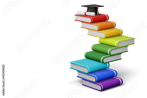 Graduation cap with Diploma and colorful book, 3d rendering