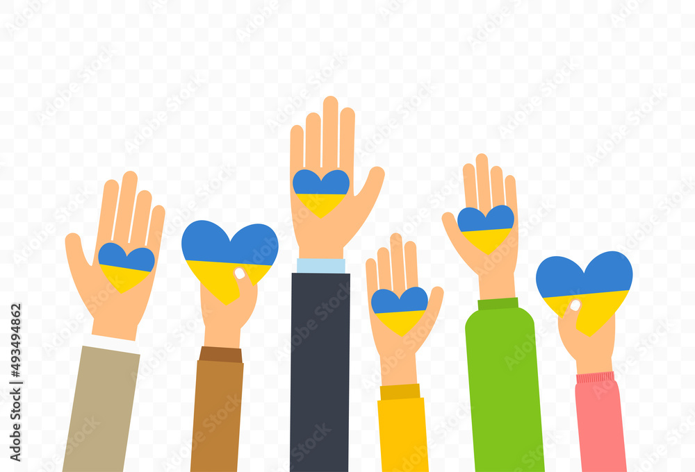 Obraz premium People give hearts in Ukrainian flag colors in palm hand. Concept of charity and donation for Ukraine. Flat style illustration isolated on transparent background. Vector.