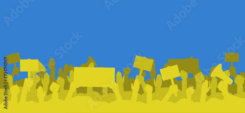 Crowd people protesters against the war in Ukraine. Silhouettes of protesting people in blue and yellow Ukrainian flag color with banner, megaphone, raised up hand and fist. Protest for no war. Vector