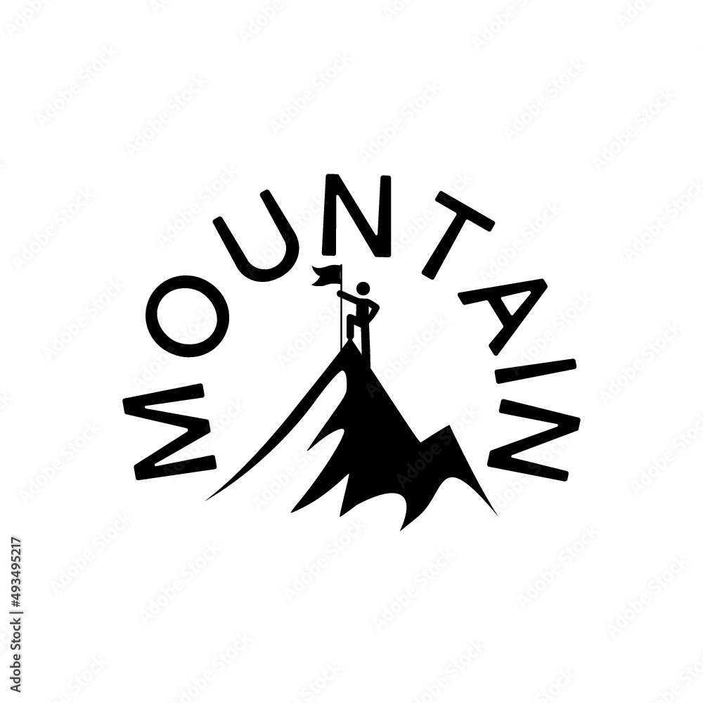 Man win on peak mountain with flag icon isolated on white background