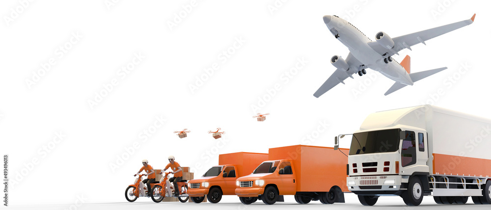 Logistics industry and transportation worldwide cargo concept of a truck, plane, Motorcycle Delivery, drones for logistic Import-export on isolated Background-3d Rendering