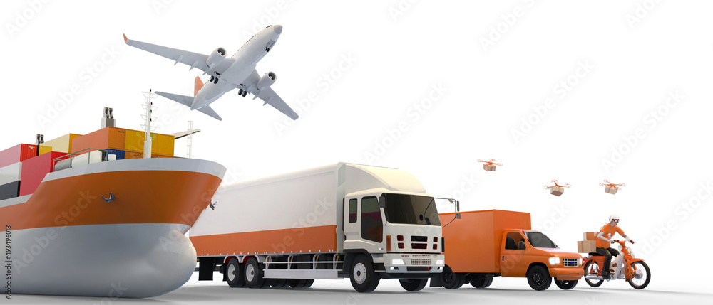 Logistics and transportation industry concept worldwide cargo of truck, boat, plane, Motorcycle Delivery, drones for Import-export on isolated Background-3d Rendering